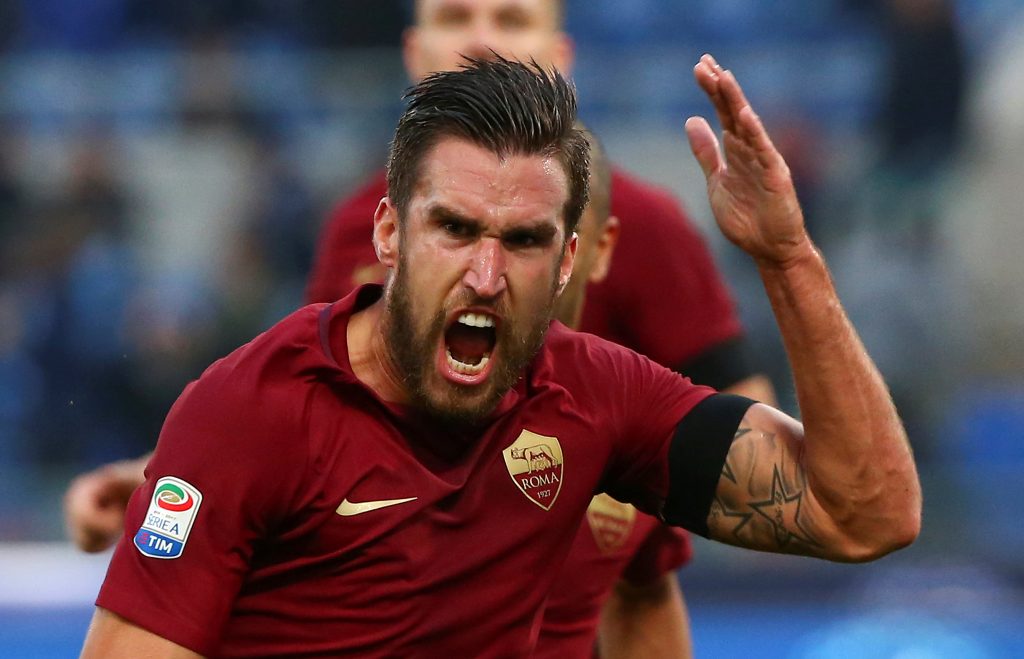 AS Roma's Kevin Strootman celebrates after scoring.
