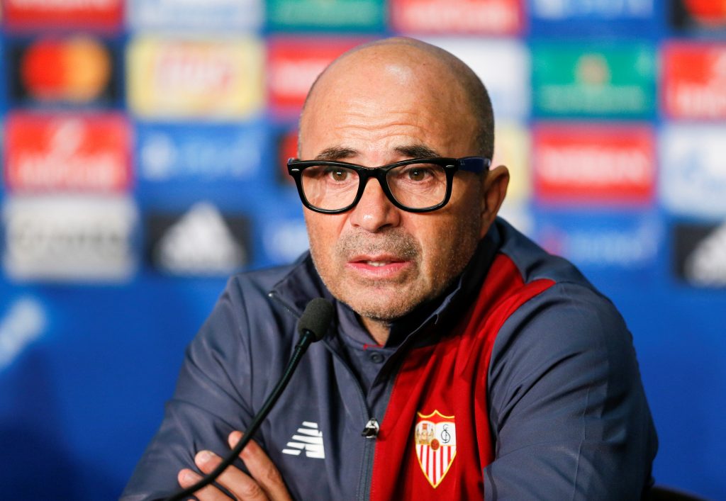 Sevilla's coach Jorge Sampaoli attends a media conference.