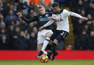 West Bromwich Albion's James McClean in action with Tottenham's Kyle Walker.