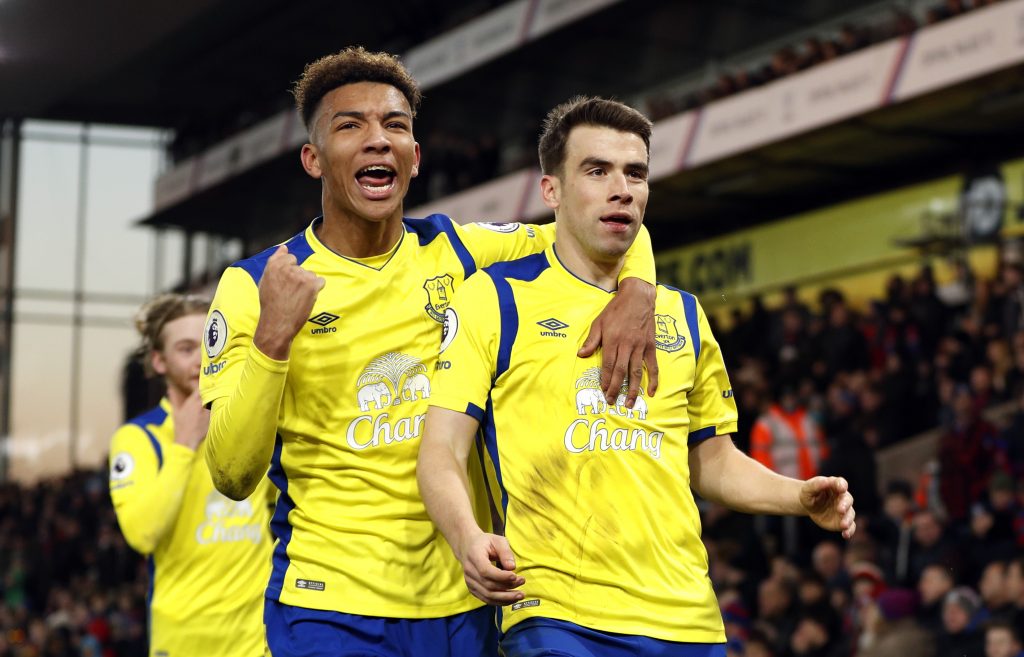 Everton's Seamus Coleman celebrates scoring their first goal with Mason Holgate.