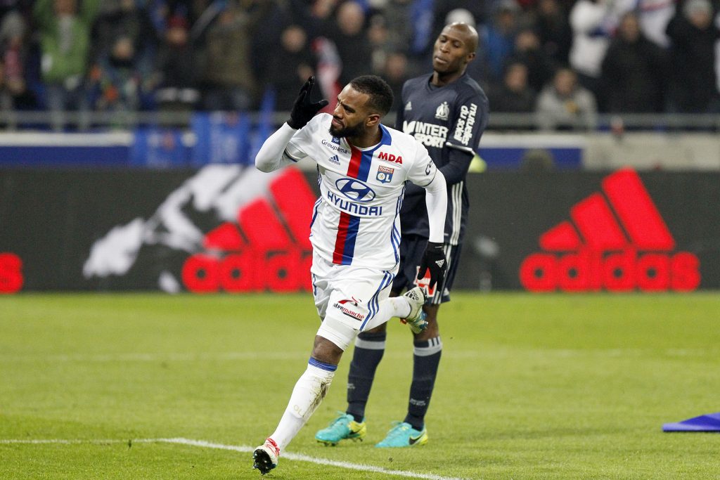 Alexandre Lacazette celebrates his goal for Olympique Lyon.