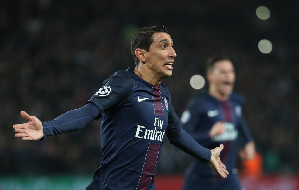Paris Saint-Germain's Angel Di Maria celebrates scoring their first goal.