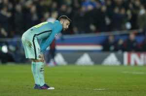Barcelona's Jordi Alba looks dejected.