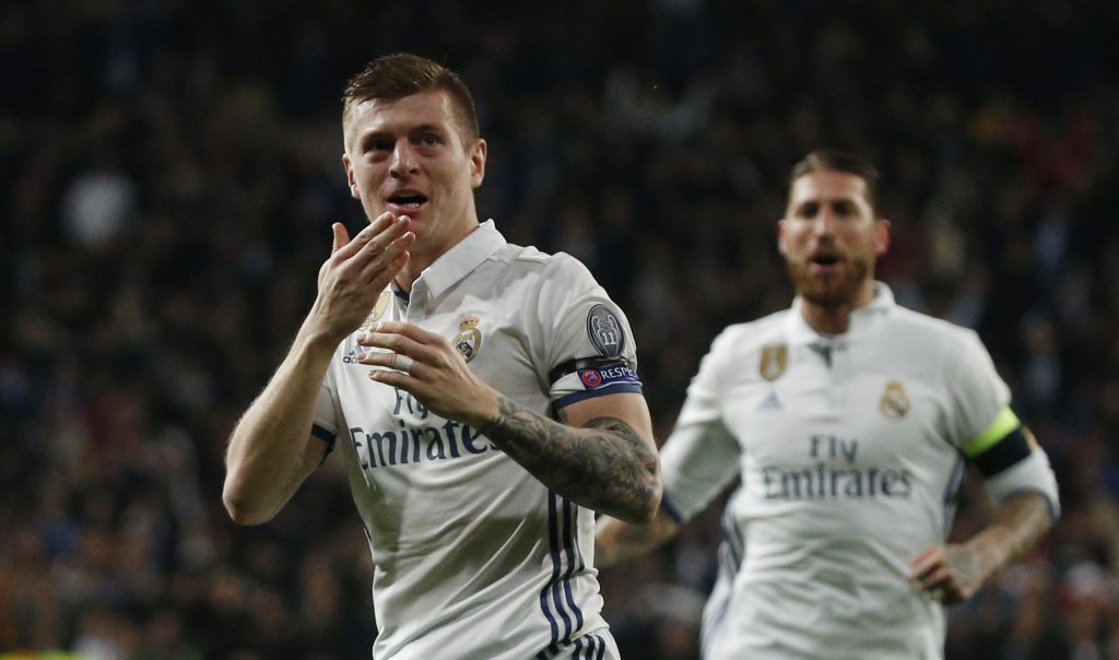 Real Madrid's Toni Kroos celebrates scoring their second goal.