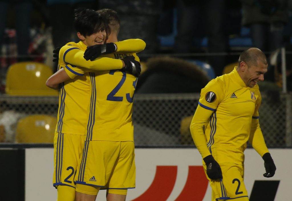 Rostov's Sardar Azmoun celebrates with his team mates after scoring a goal.