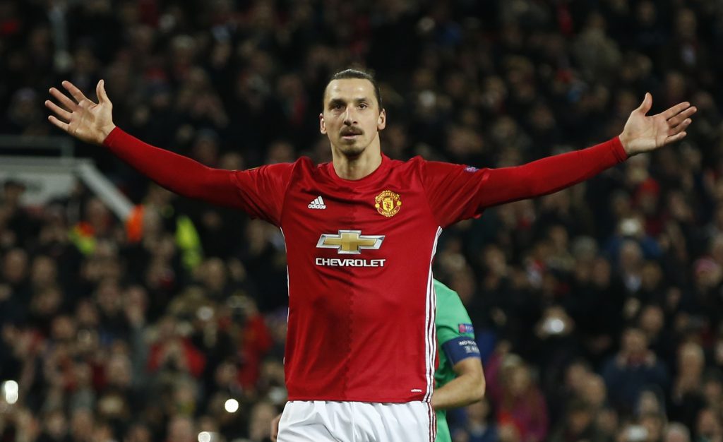 Zlatan Ibrahimovic celebrates scoring.