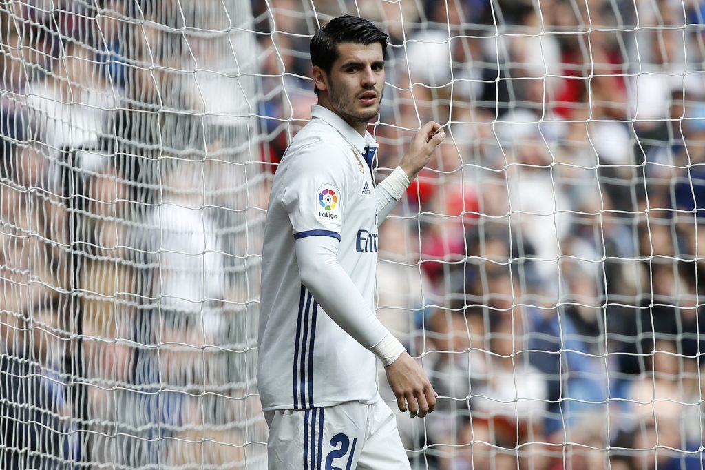 Real Madrid's Alvaro Morata celebrates after scoring against Espanyol.