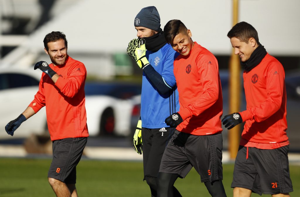 Manchester United's Juan Mata, David De Gea, Marcos Rojo and Ander Herrera during training.