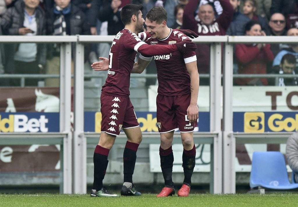 Torino's Andrea Belotti celebrates after scoring against Juventus.