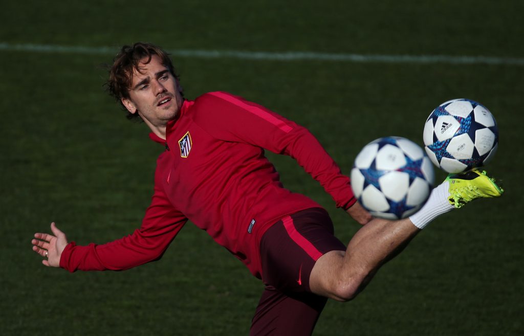 Atletico Madrid's Antoine Griezmann controls the ball during training.