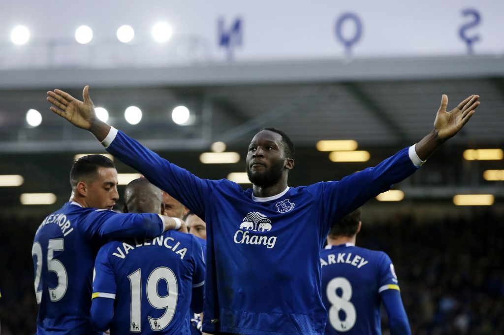 Romelu Lukaku celebrates scoring.