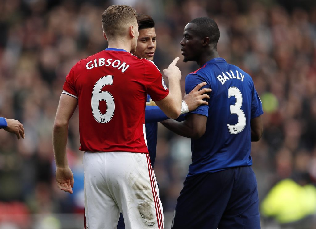 Eric Bailly clashes with Middlesbrough's Ben Gibson.