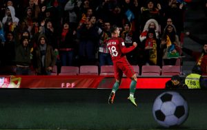 Portugal's Andre Silva celebrates his goal against Hungary.
