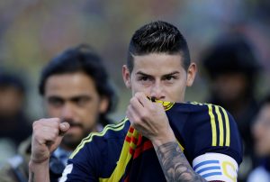 Colombia's player James Rodriguez celebrates his victory match against Ecuador.