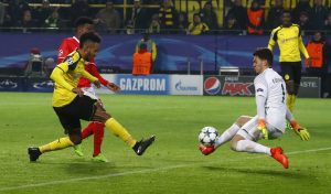 Benfica's Ederson saves from Borussia Dortmund's Pierre-Emerick Aubameyang.