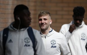 Manchester United's Luke Shaw arrives before the match.