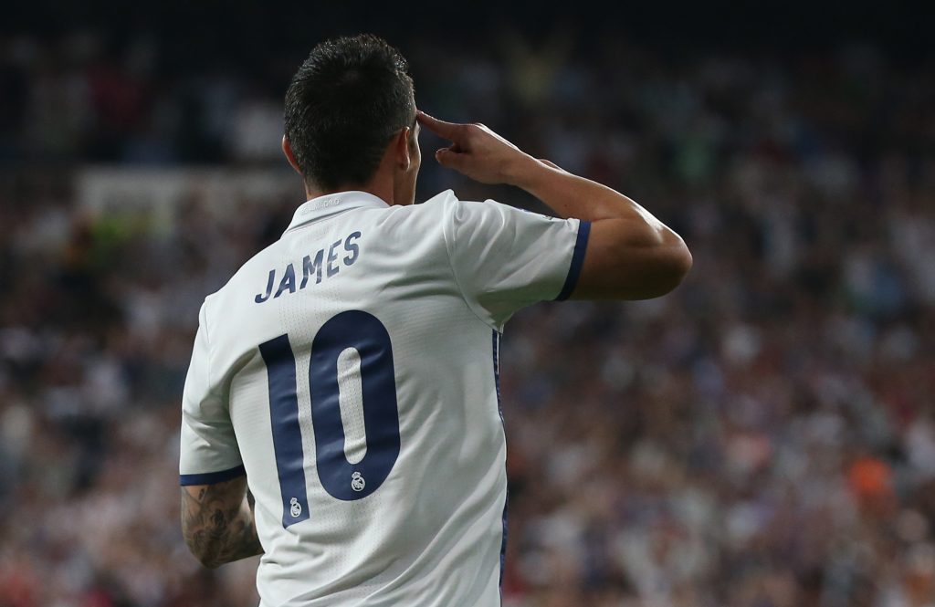 Real Madrid's James Rodriguez celebrates scoring their second goal.