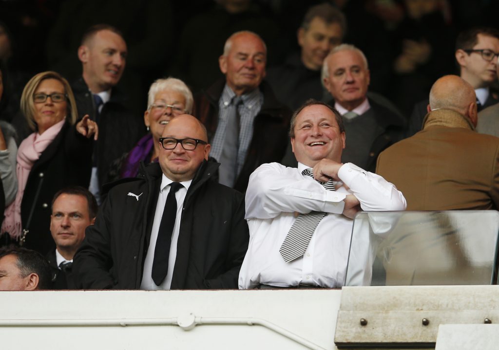 Newcastle owner Mike Ashley (R) in the stands with Managing Director Lee Charnley.