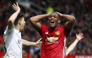 Manchester United's Anthony Martial looks dejected after a missed chance.
