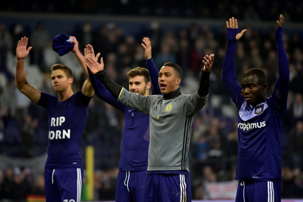 RSC Anderlecht's Youri Tielemans (2R) and his teammates celebrate victory.