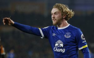 Everton's Tom Davies reacts.