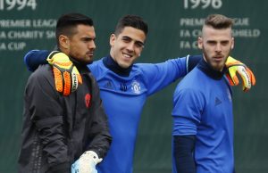 Manchester United's Sergio Romero, Joel Castro Pereira and David De Gea during training.