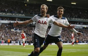 Tottenham's Harry Kane celebrates scoring their second goal with Dele Alli.