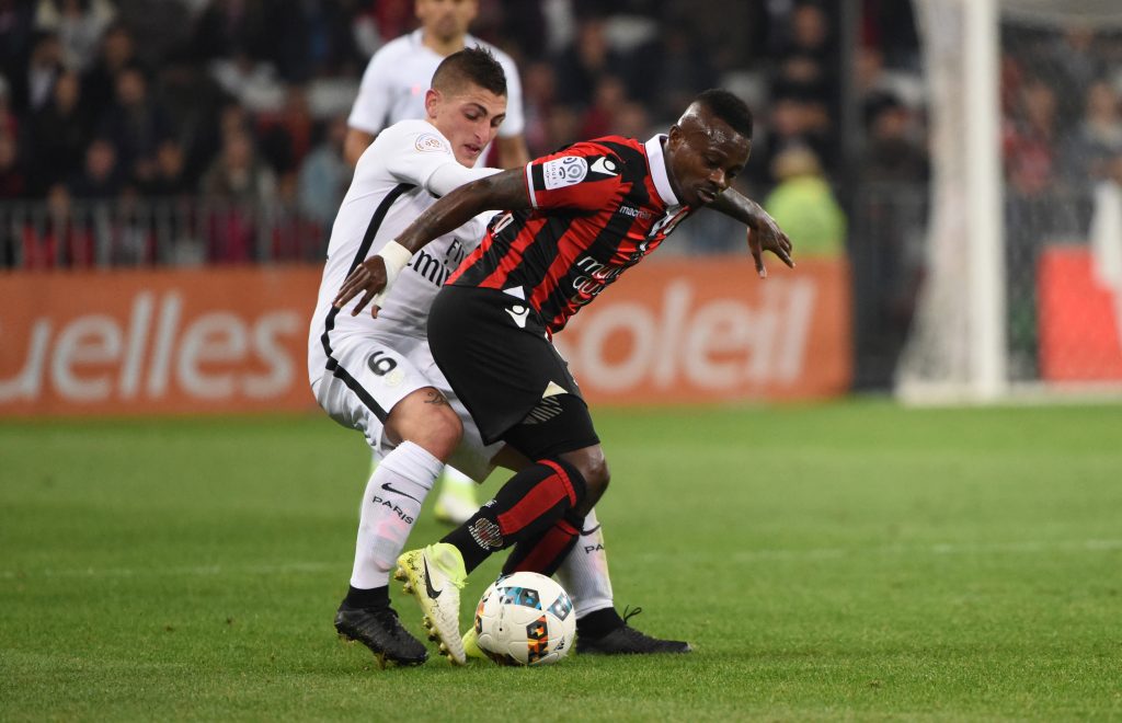 PSG's Marco Verratti in action with Nice's Jean Michael Seri.