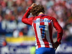 Atletico Madrid's Antoine Griezmann reacts during the match.