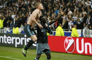 Ajax's Matthijs de Ligt and Davinson Sanchez celebrate after the match.