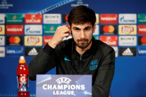 FC Barcelona's Andre Gomes attends a news conference.
