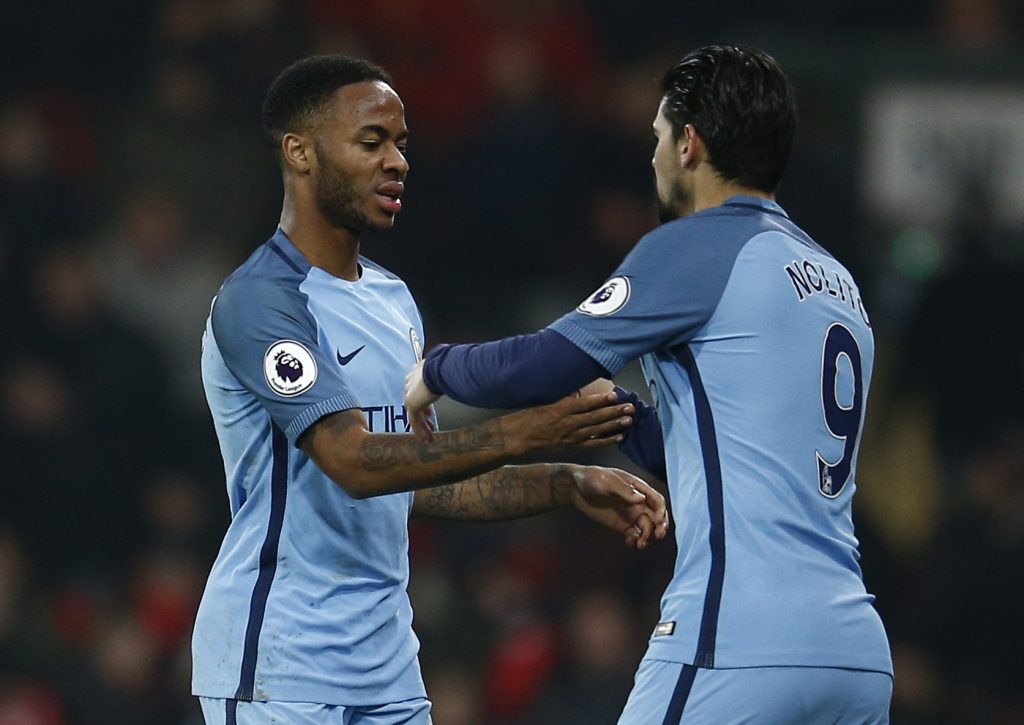Manchester City's Nolito comes on as a substitute to replace Raheem Sterling.