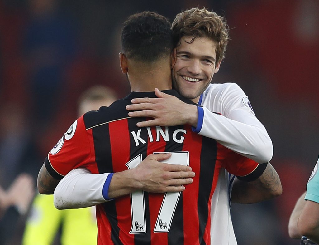 Chelsea's Marcos Alonso and Bournemouth's Joshua King after the game.