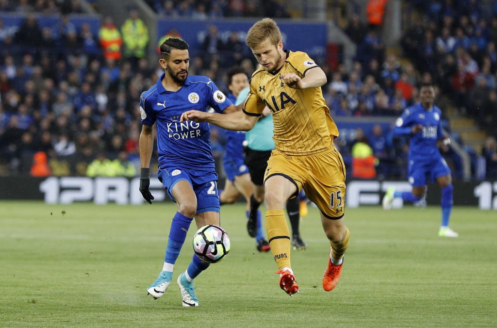 Tottenham's Eric Dier in action with Leicester City's Riyad Mahrez.