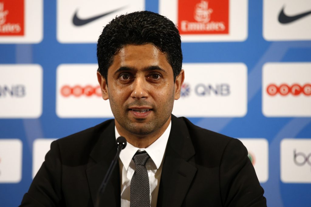 PSG's club president Nasser al-Khelaifi speaks during a news conference.