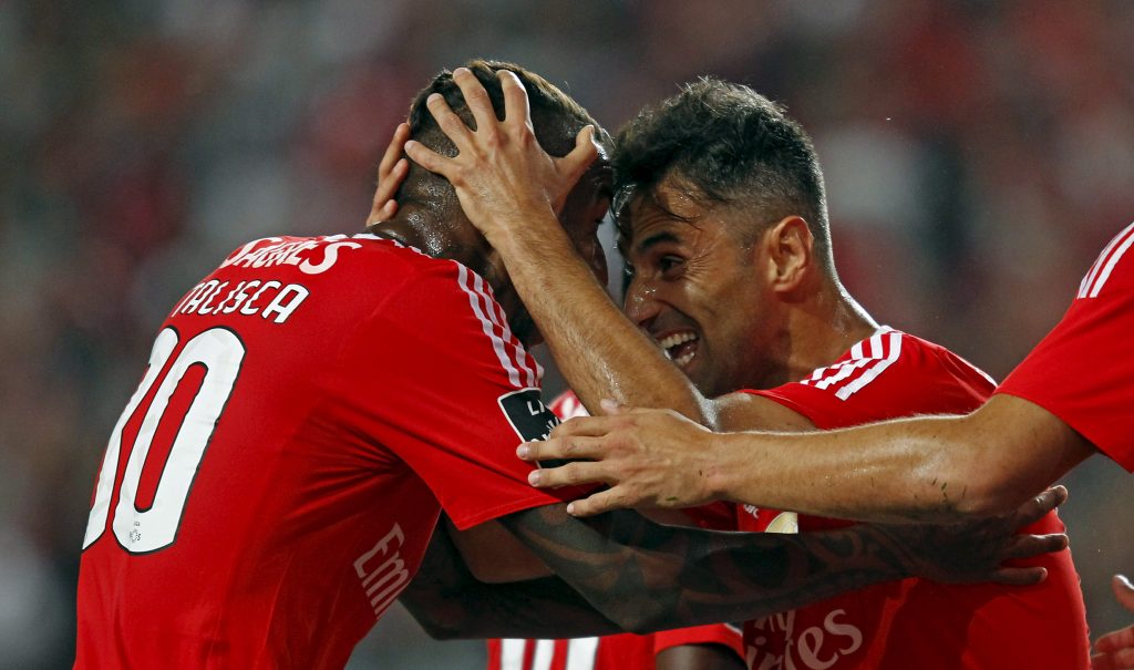 Benfica's Jonas Goncalves (R) celebrates his goal against Belenenses with teammate Anderson "Talisca".