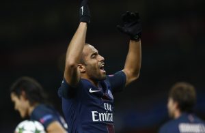 Paris Saint-Germain's Lucas Moura celebrates scoring their second goal.