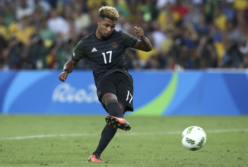 Serge Gnabry of Germany kicks the ball during penalty shootout.