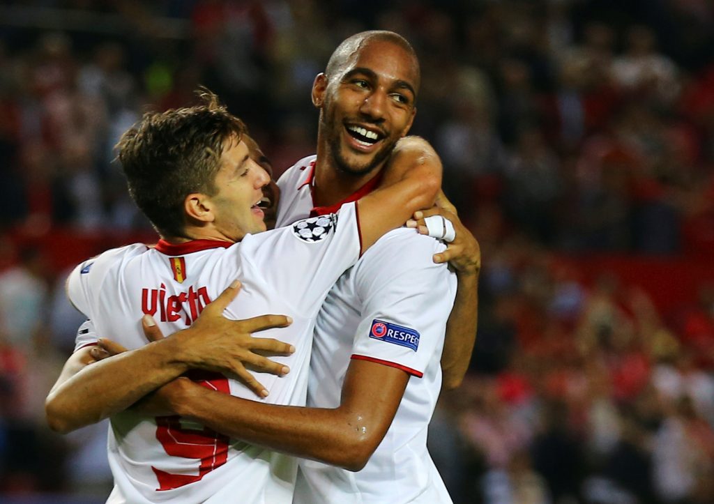 Sevilla's Steven N'Zonzi celebrates after scoring against Dinamo Zagreb.
