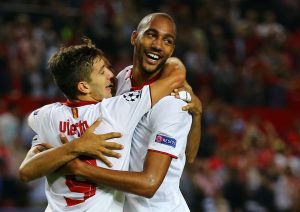 Sevilla's Steven N'Zonzi celebrates after scoring against Dinamo Zagreb.