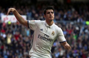 Real Madrid's Alvaro Morata celebrates after scoring a goal.