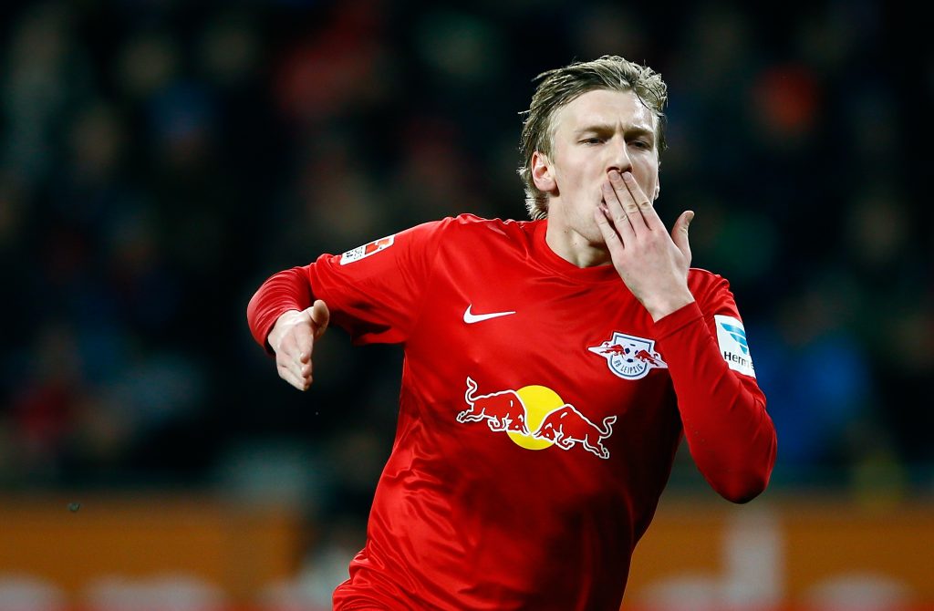 Leipzig's Emil Forsberg celebrates after he score a goal against Leverkusen.