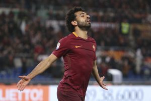 AS Roma's Mohamed Salah celebrates after scoring against Sassuolo.