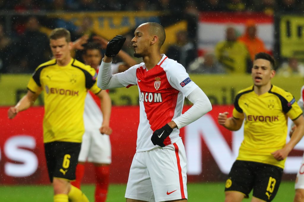 Monaco's Fabinho looks dejected after missing a penalty.