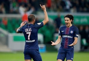 Paris Saint-Germains Lucas Moura celebrates scoring their second goal with Edinson Cavani.