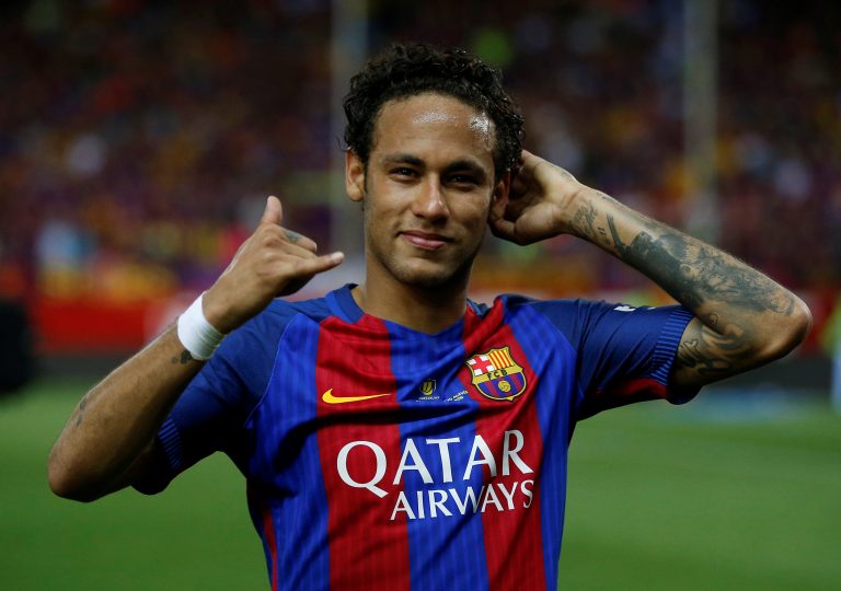 Barcelonas Neymar celebrates at the end of the match.