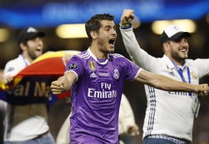 Real Madrid's Alvaro Morata celebrates after winning the UEFA Champions League.