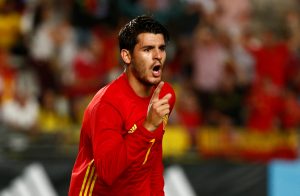 Spain's Alvaro Morata celebrates scoring their second goal.