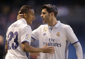 Real Madrid's Alvaro Morata (R) celebrates his goal with team mate Danilo.