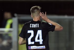 Atalanta's Andrea Conti celebrates after scoring.